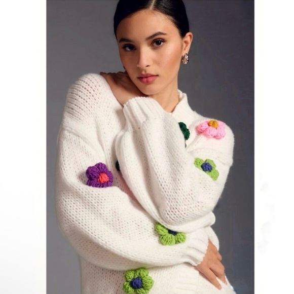 Anthropologie Maeve Susannah 3D Flower Cardigan Open Front Knit Sweater White OS - Picture 1 of 16